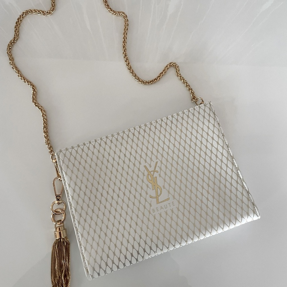 YSL Yves Saint Lauren White bag purse gold chain tassel rare logo beauty - Picture 2 of 6